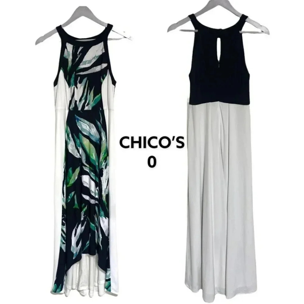 Chico's Maxi Dress 0 Black White Green Tropical Leaf Halter High-Low Hem